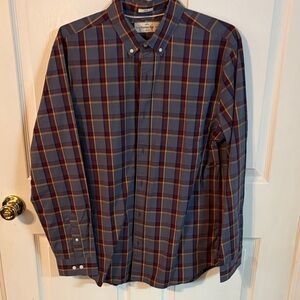 Men's Plaid Button-Down Shirt in Blue with Yellow & Red Lines